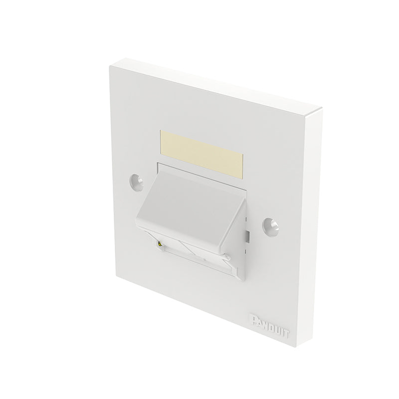 Single Gang, 86mmx86mm, Sloped Shuttered Faceplate kit with Label, 2 Port, Arctic White.